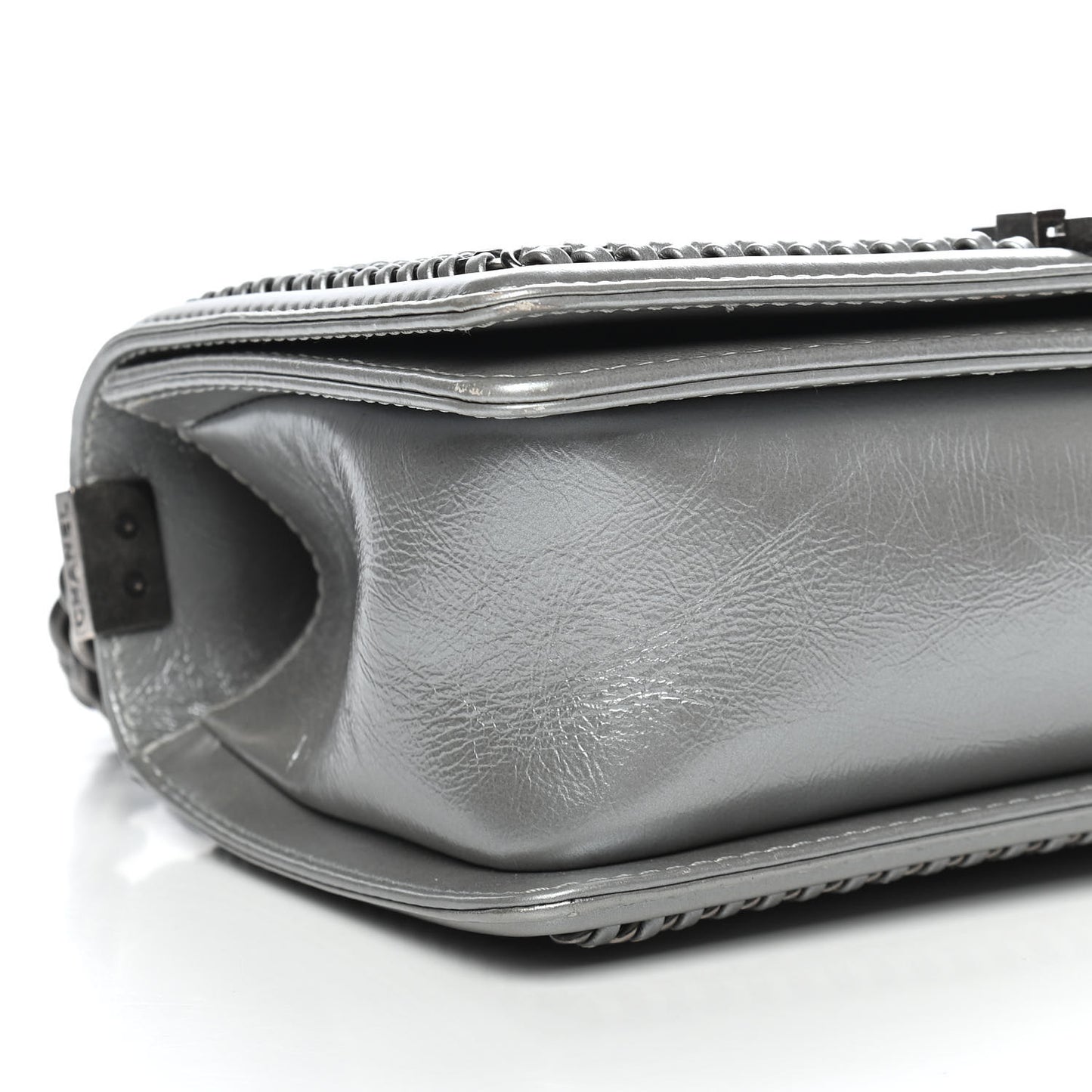 Metallic Aged Calfskin Quilted Medium Top Handle Boy Flap Silver