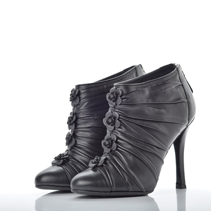 Chanel Calfskin Camellia Flowers Cap Toe Booties 36.5 Black 3 of 9