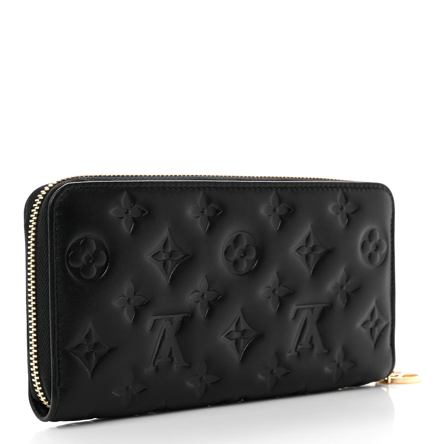 Lambskin Embossed Monogram Coussin Zippy Wallet Black