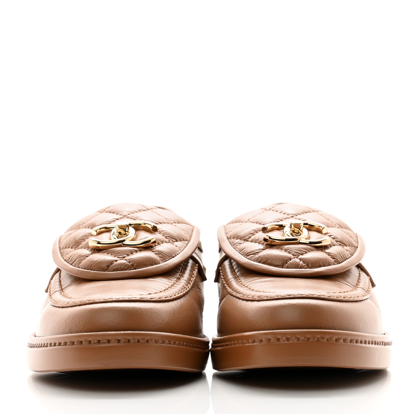 Shiny Crumpled Lambskin Quilted CC Turnlock Moccasins 38.5 Dark Beige