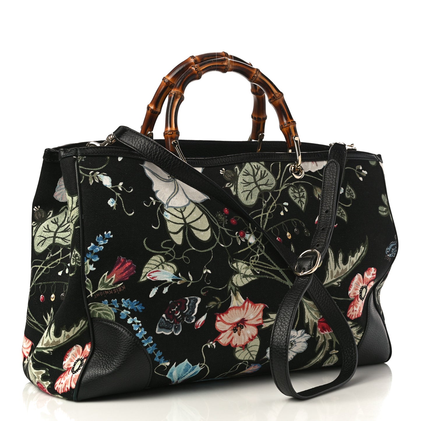 Canvas Cellarius Calfskin Flora Knight Large Bamboo Shopper Tote Black