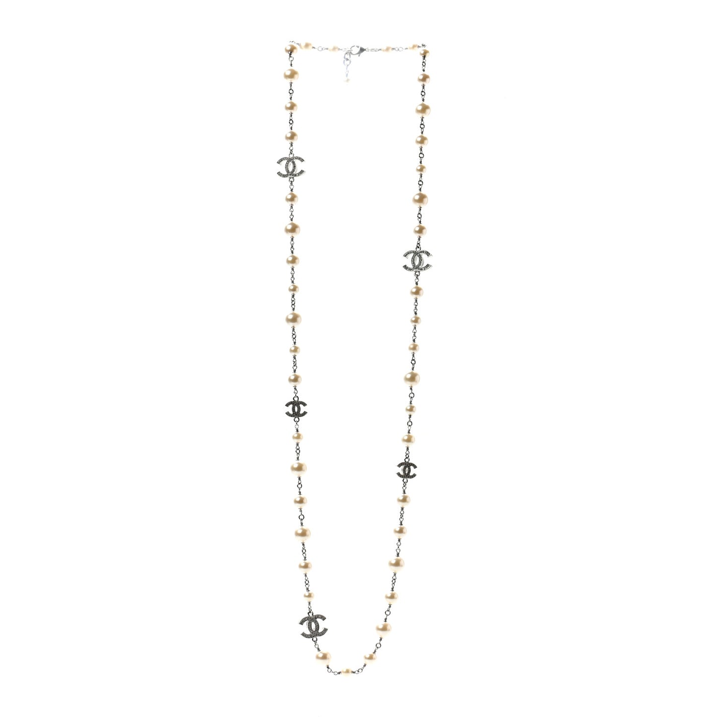 Crystal Pearl CC Long Necklace Silver