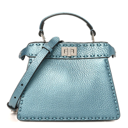 Fendi Metallic Cuoio Roma Sellerissima Nappa Sintetica Tape Stitch Petite Peekaboo I SEE U Iconic Satchel Placca Argento 1 of 9