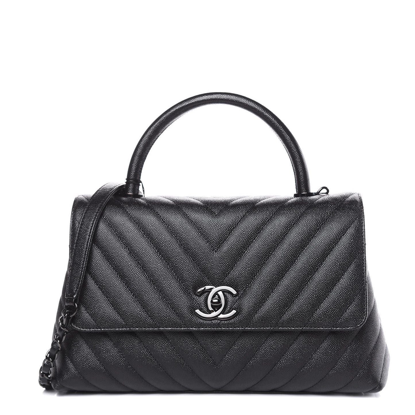 Caviar Chevron Quilted Small Coco Handle Flap So Black