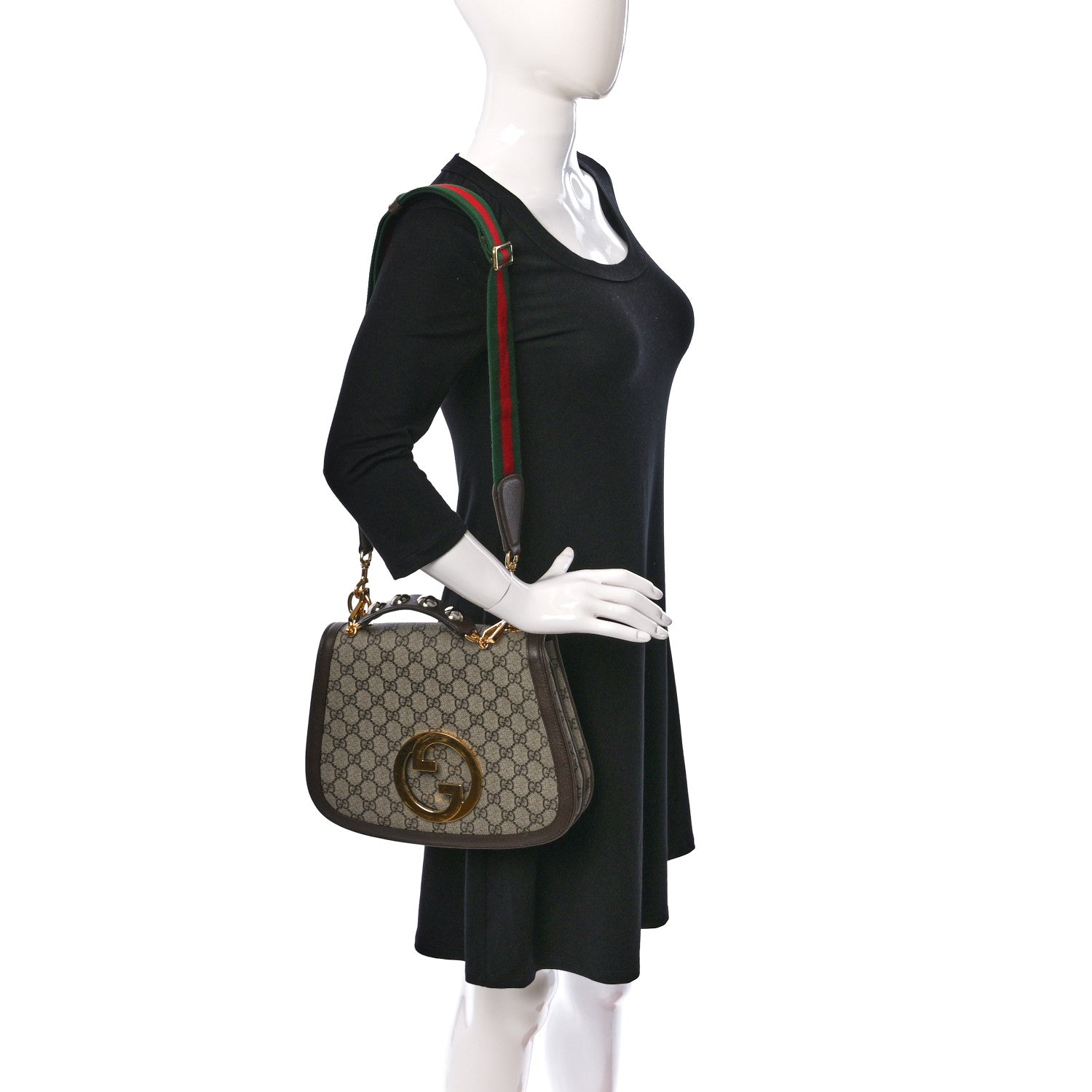 Gucci GG Supreme Monogram Textured Dollar Calfskin Web Medium Blondie Top Handle Shoulder Flap Bag Beige Ebony New Acero 2 of 14