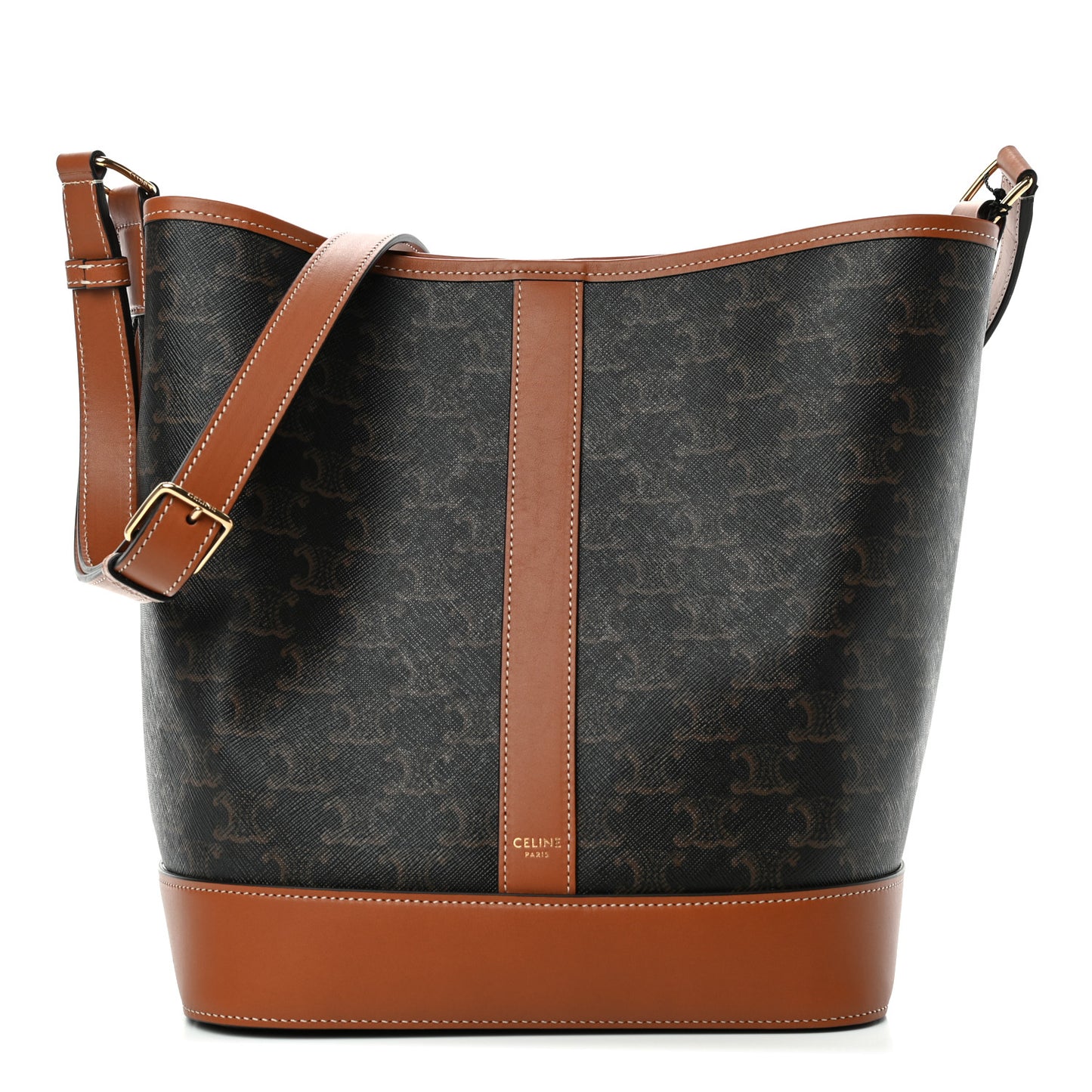 Triomphe Canvas Calfskin Medium Bucket Bag Tan