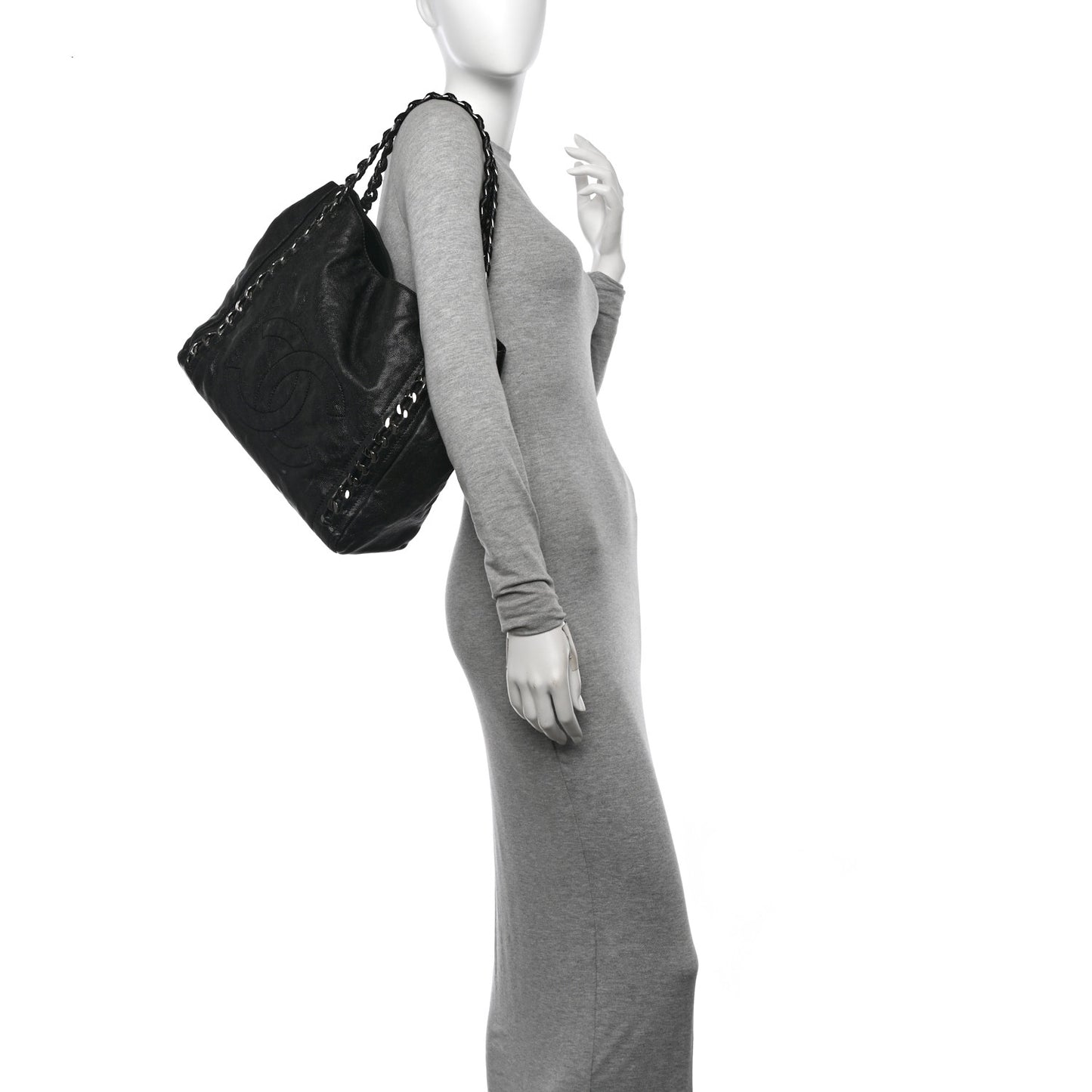 Glazed Calfskin Modern Chain Tote Black