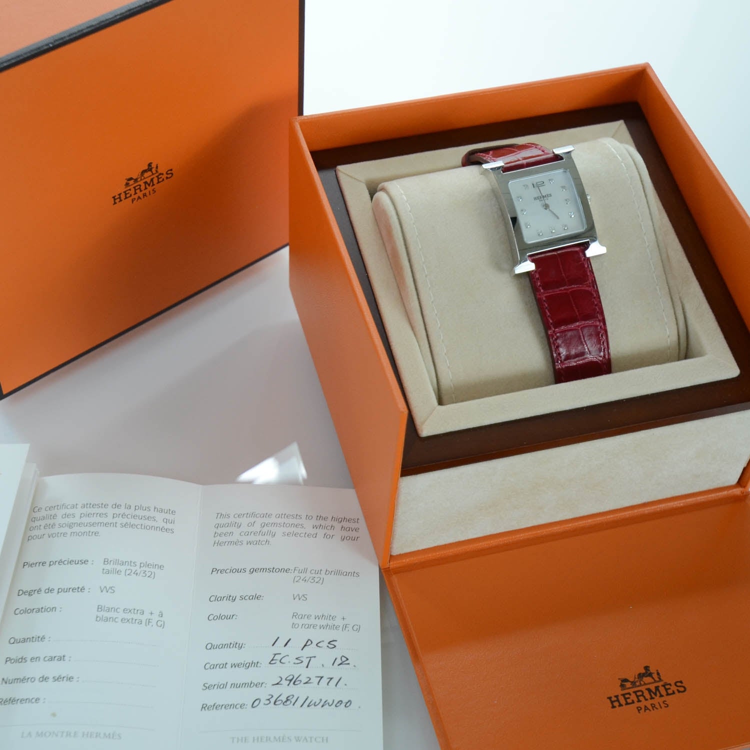 Hermes Stainless Steel Alligator Diamond 26mm Heure H Hour Quartz Watch Rouge Casaque 5 of 6