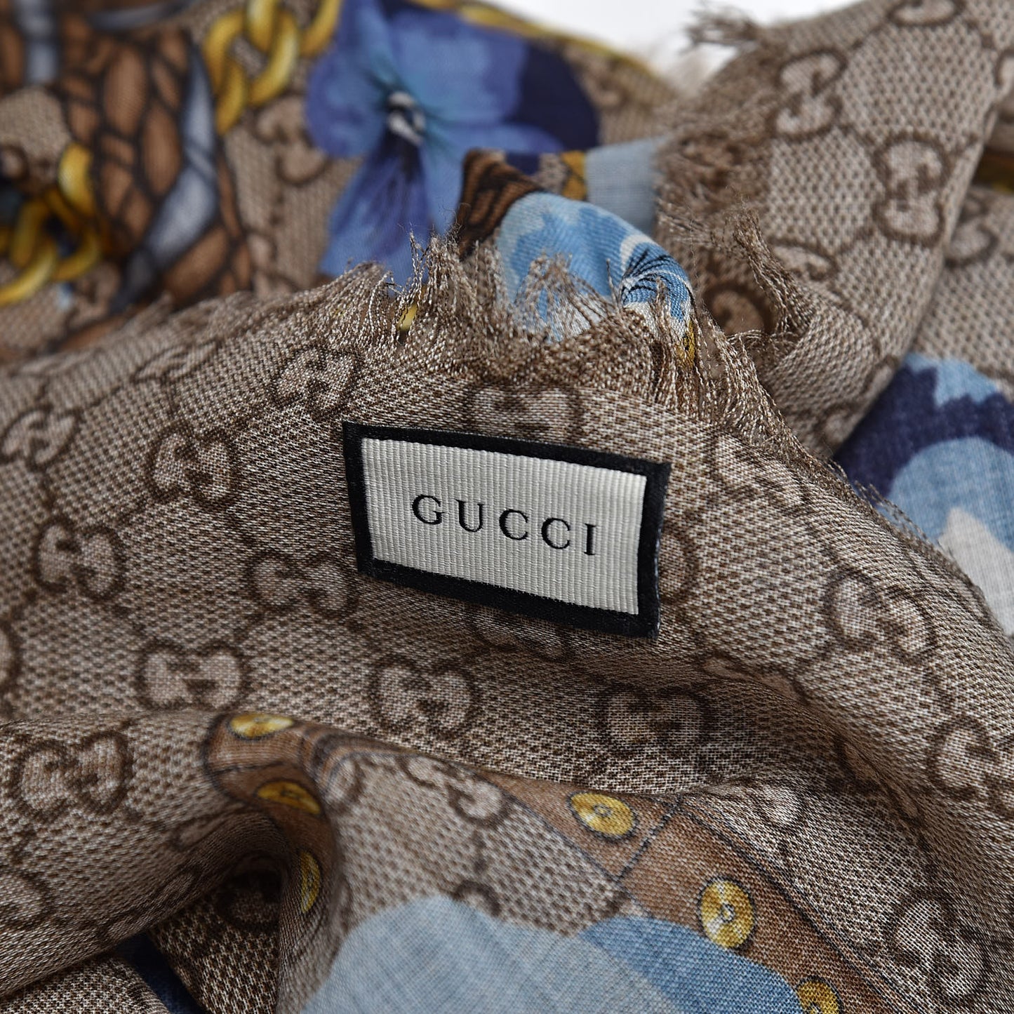 Wool Jacquard GG Monogram Big Panshie Fringe Shawl Sapphire Beige