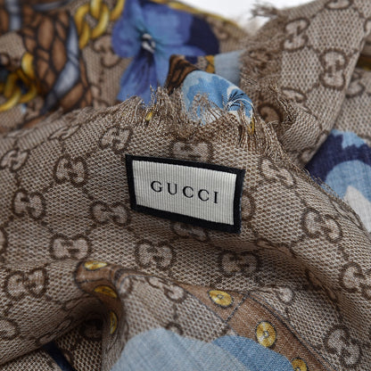 Gucci Wool Jacquard GG Monogram Big Panshie Fringe Shawl Sapphire Beige 3 of 4