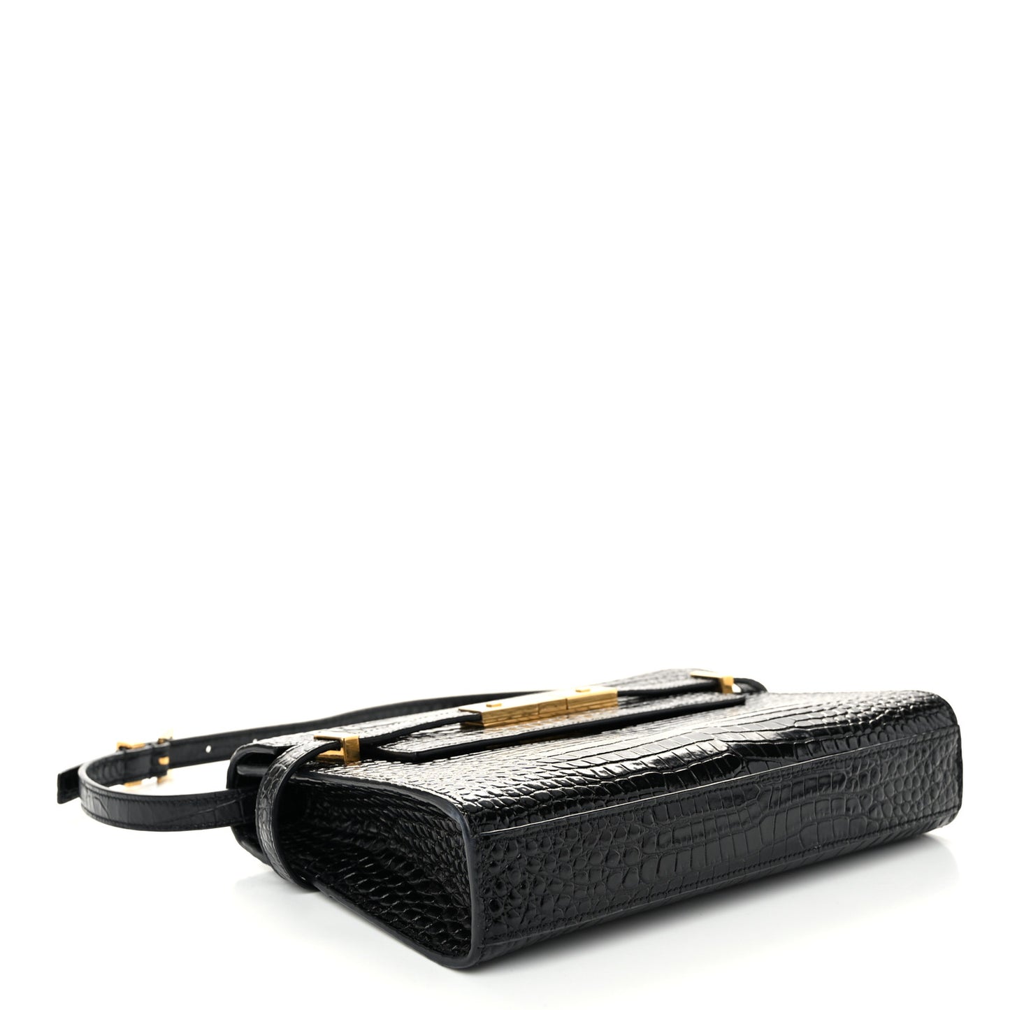 Shiny Calfskin Crocodile Embossed Small Manhattan Baguette Black