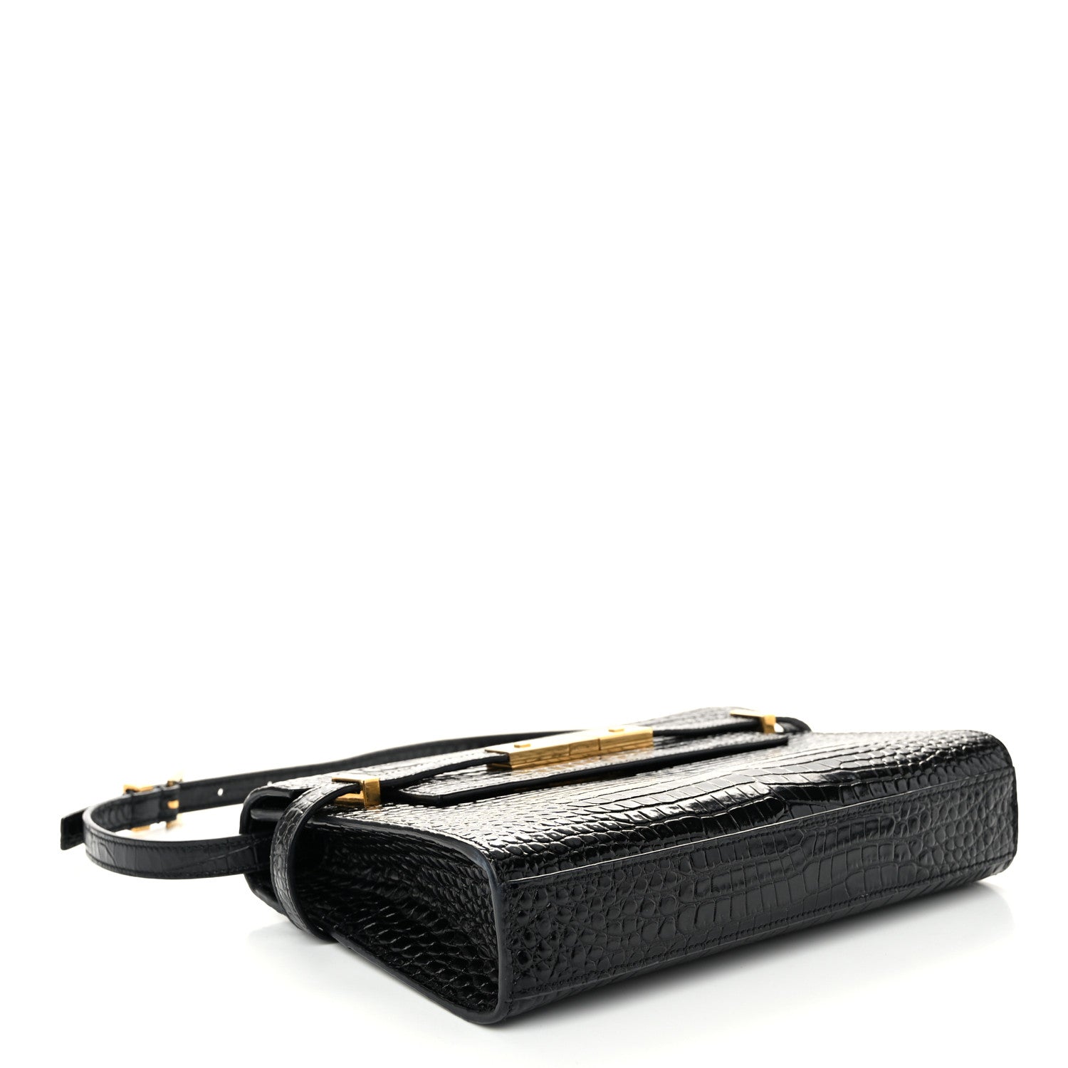 Saint Laurent Shiny Calfskin Crocodile Embossed Small Manhattan Baguette Black 4 of 10