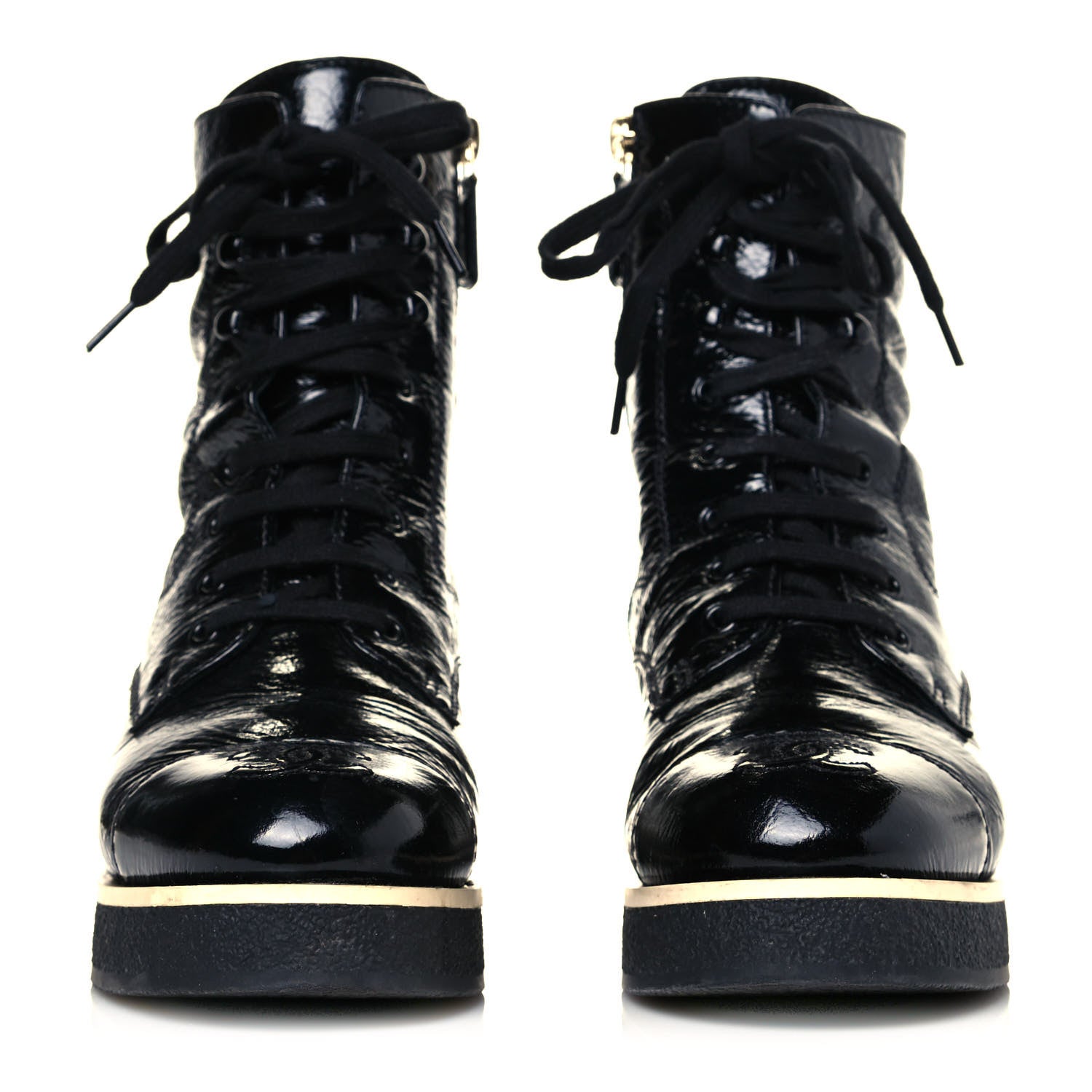 Chanel Shiny Crumpled Lambskin Lace Up Combat Boots 37 Black 2 of 5
