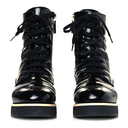 Chanel Shiny Crumpled Lambskin Lace Up Combat Boots 37 Black 2 of 5