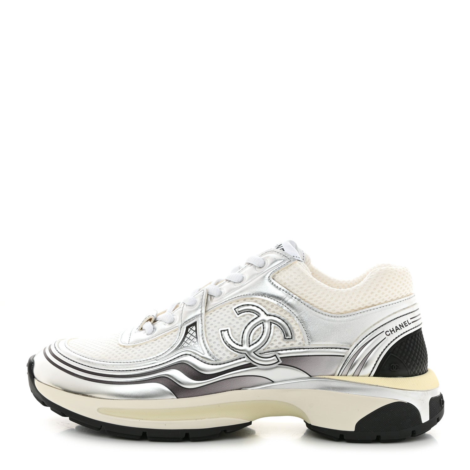 Chanel Fabric Laminated Calfskin Stretch CC Sneakers 38.5 White Silver 1 of 11
