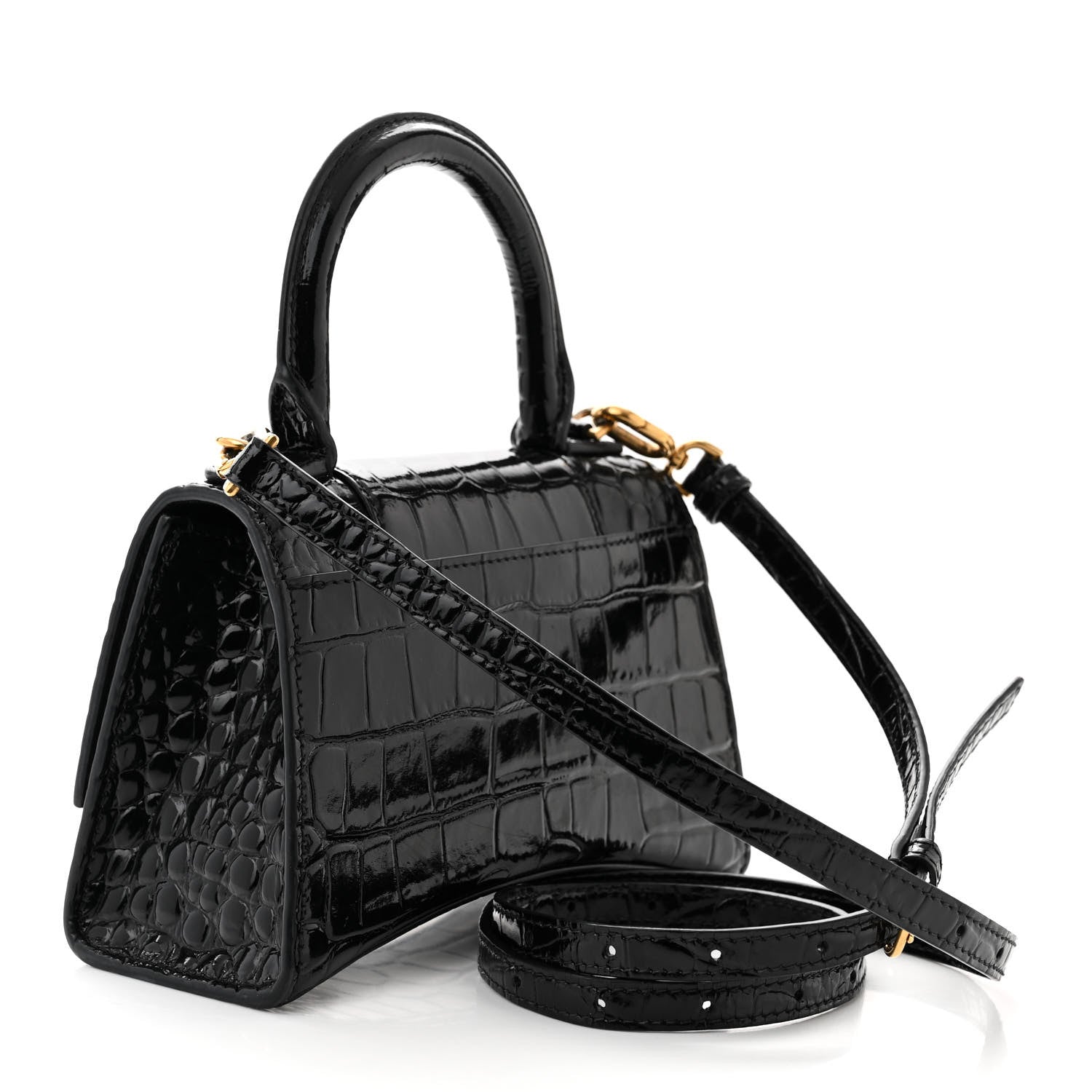 Balenciaga Shiny Calfskin Crocodile Embossed Hourglass Top Handle Bag XS Black 3 of 13