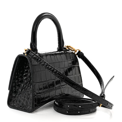 Balenciaga Shiny Calfskin Crocodile Embossed Hourglass Top Handle Bag XS Black 3 of 13