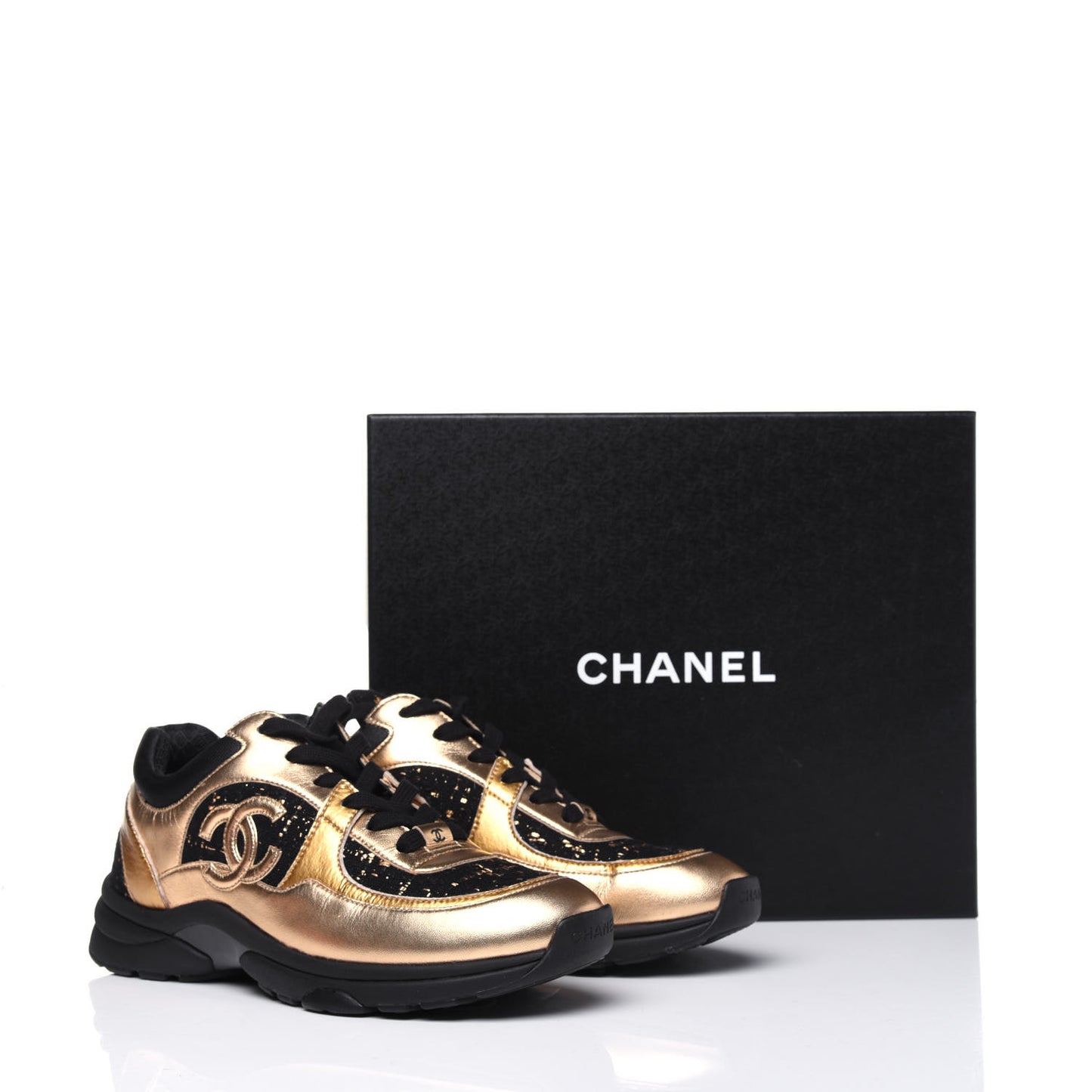 Satin Lambskin Fabric Tweed CC Sneakers 39 Gold Black