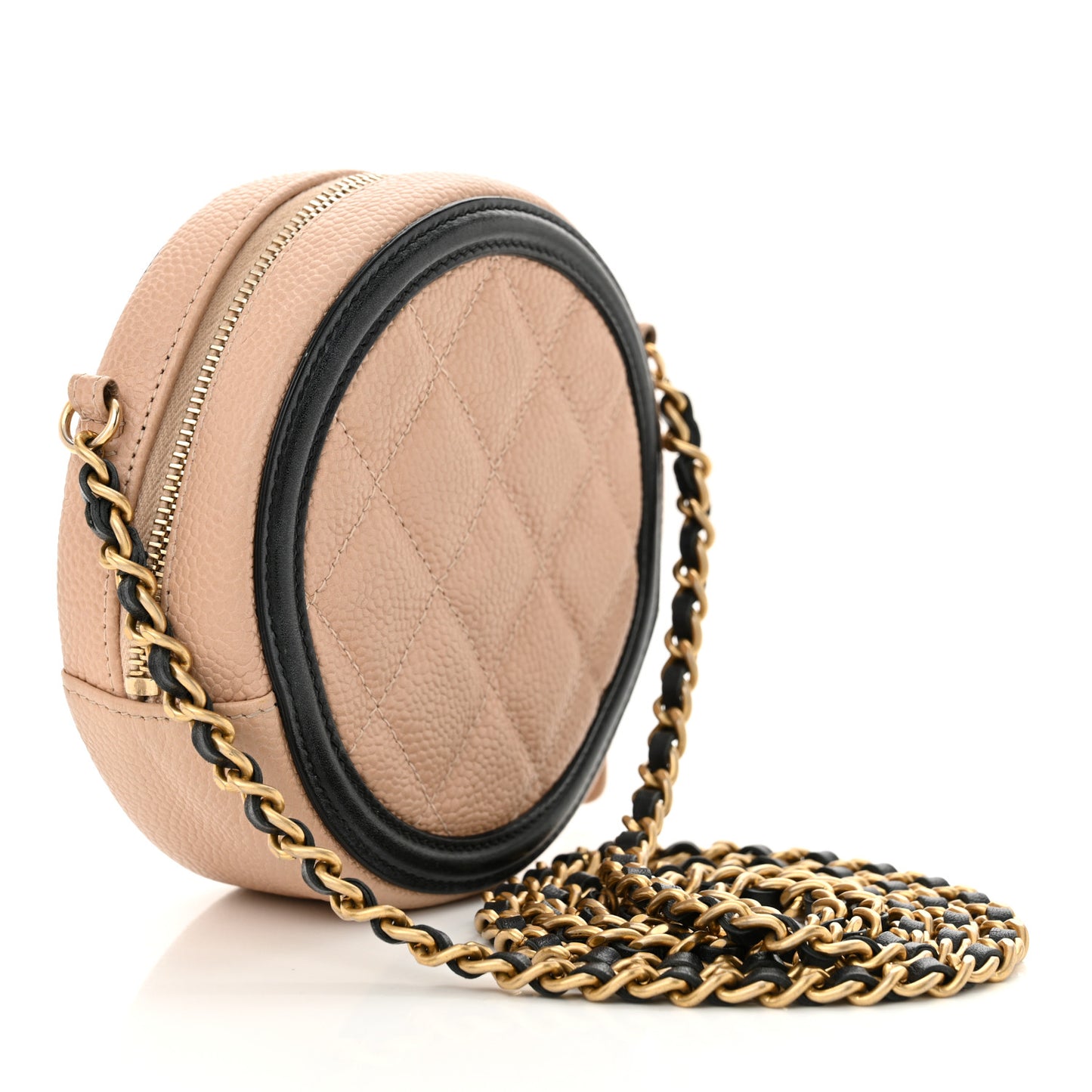 Caviar Quilted Round Filigree Crossbody Beige Black