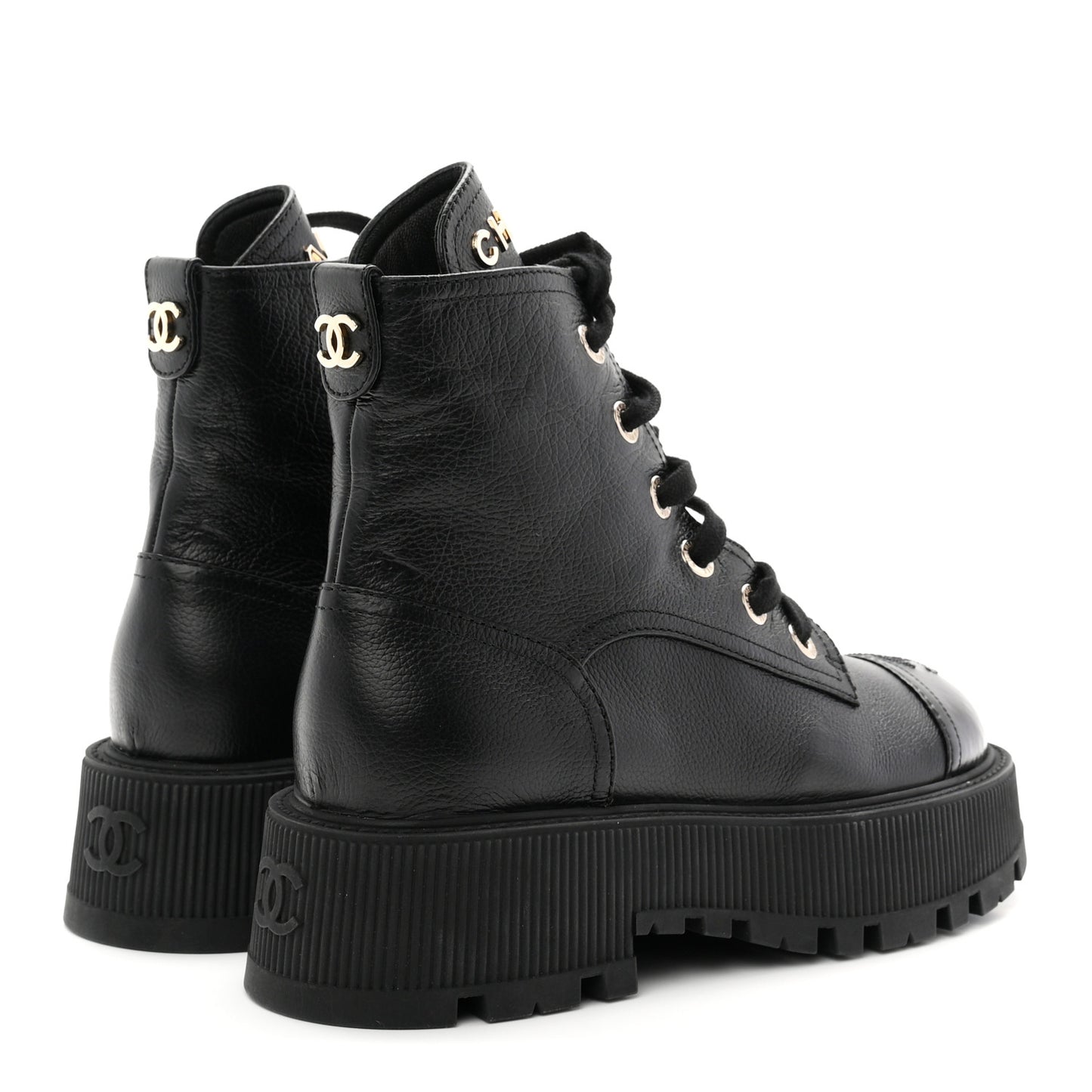 Grained Calfskin Shiny Calfskin CC Lace Up Combat Boots 36.5 Black