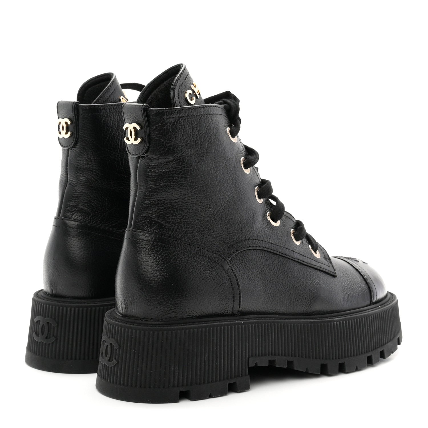 Chanel Grained Calfskin Shiny Calfskin CC Lace Up Combat Boots 36.5 Black 5 of 10