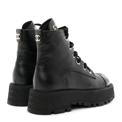 Chanel Grained Calfskin Shiny Calfskin CC Lace Up Combat Boots 36.5 Black 5 of 10