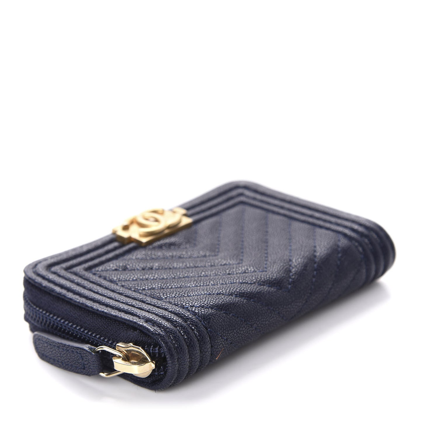 Caviar Chevron Quilted Boy Zip Around Coin Purse Wallet Navy Blue