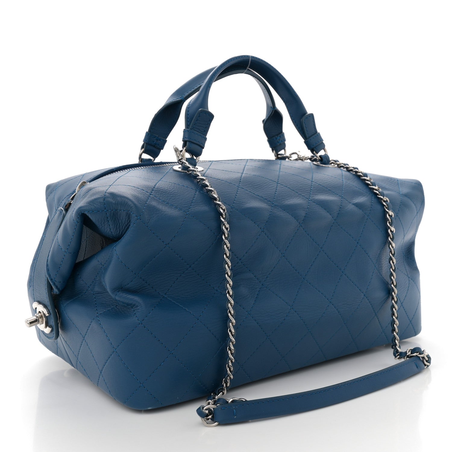 Chanel Calfskin Stitched Large Bowling Bag Blue 3 of 11