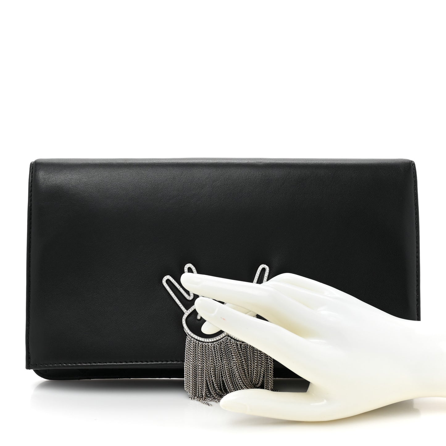 Lambskin Strass Crystal Peace Sign Emoji Fold Over Clutch Black