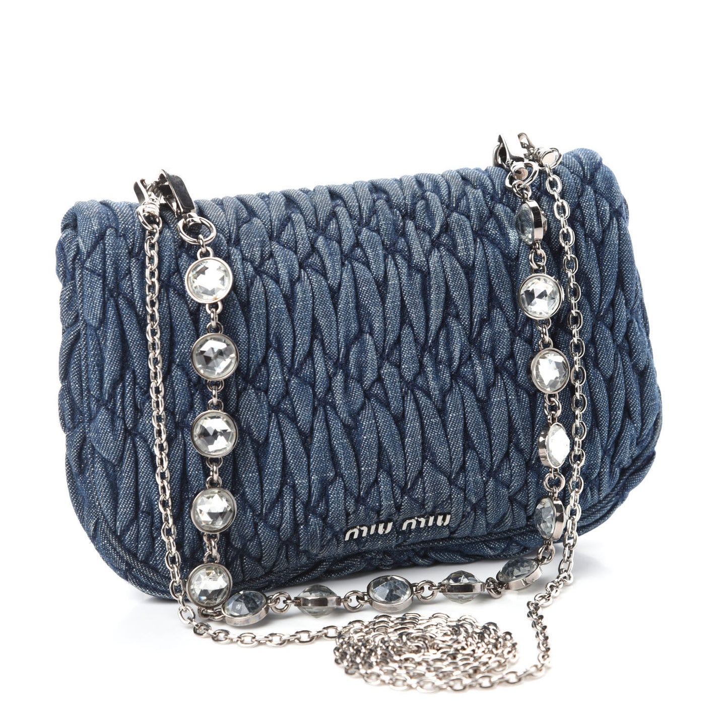 Denim Matelasse Crystal Chain Crossbody Bag Blue