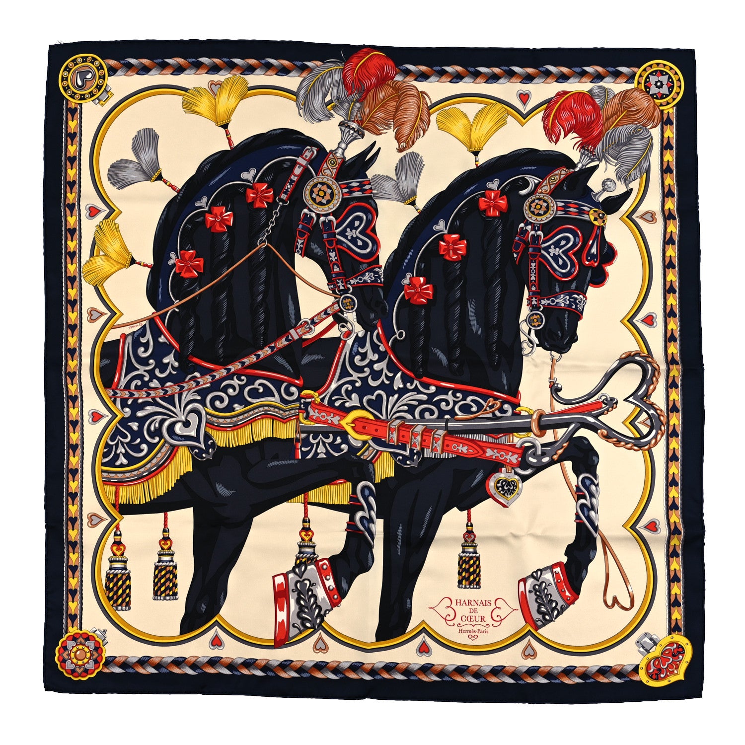 Hermes Silk Harnais De Coeur Scarf 90 Blue Black Creme Anthracite 1 of 3
