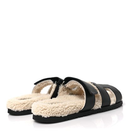 Hermes Calfskin Woolskin Womens Chypre Sandals 40 Black Ecru 4 of 7