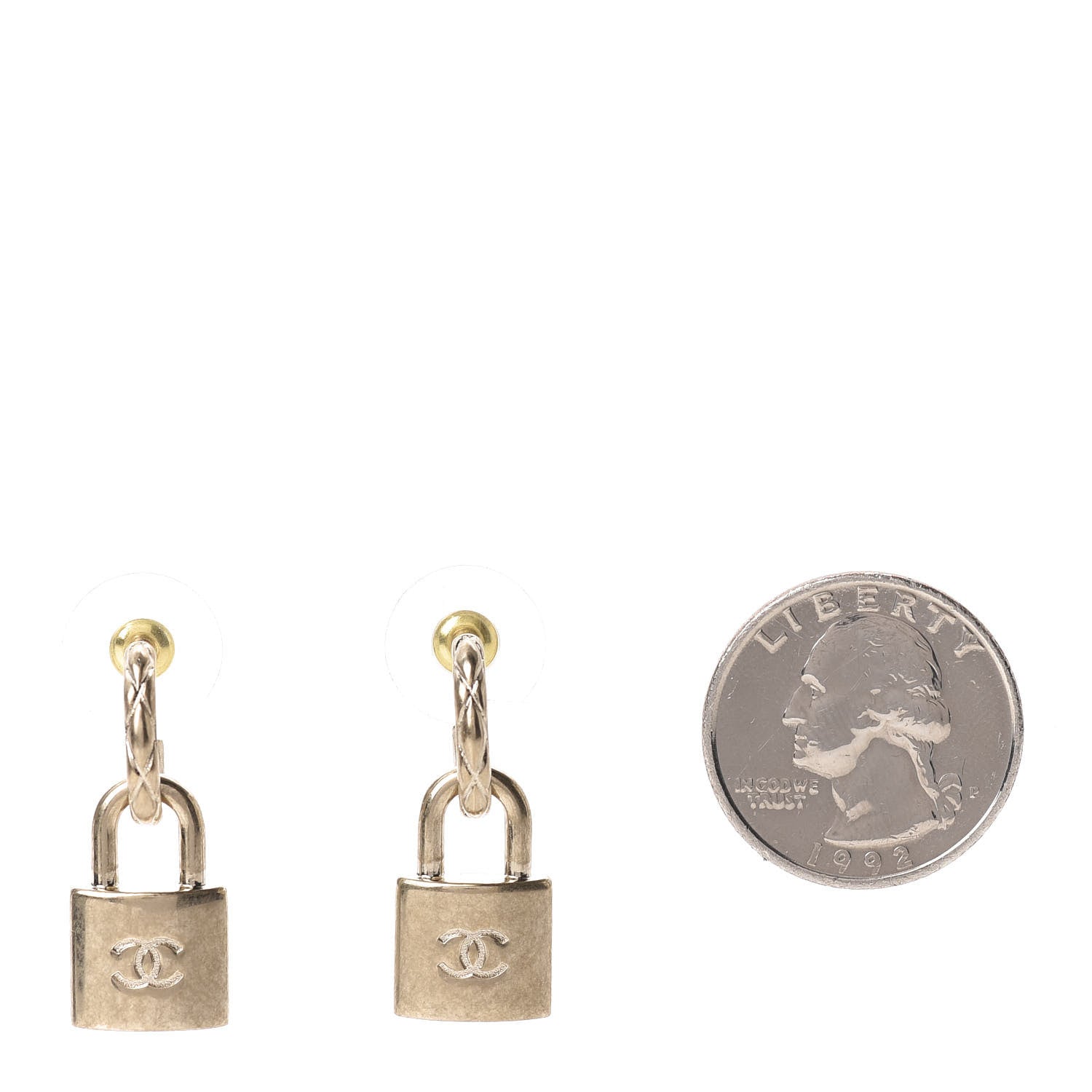 Chanel Metal Lock Drop Earrings Light Gold 2 of 5