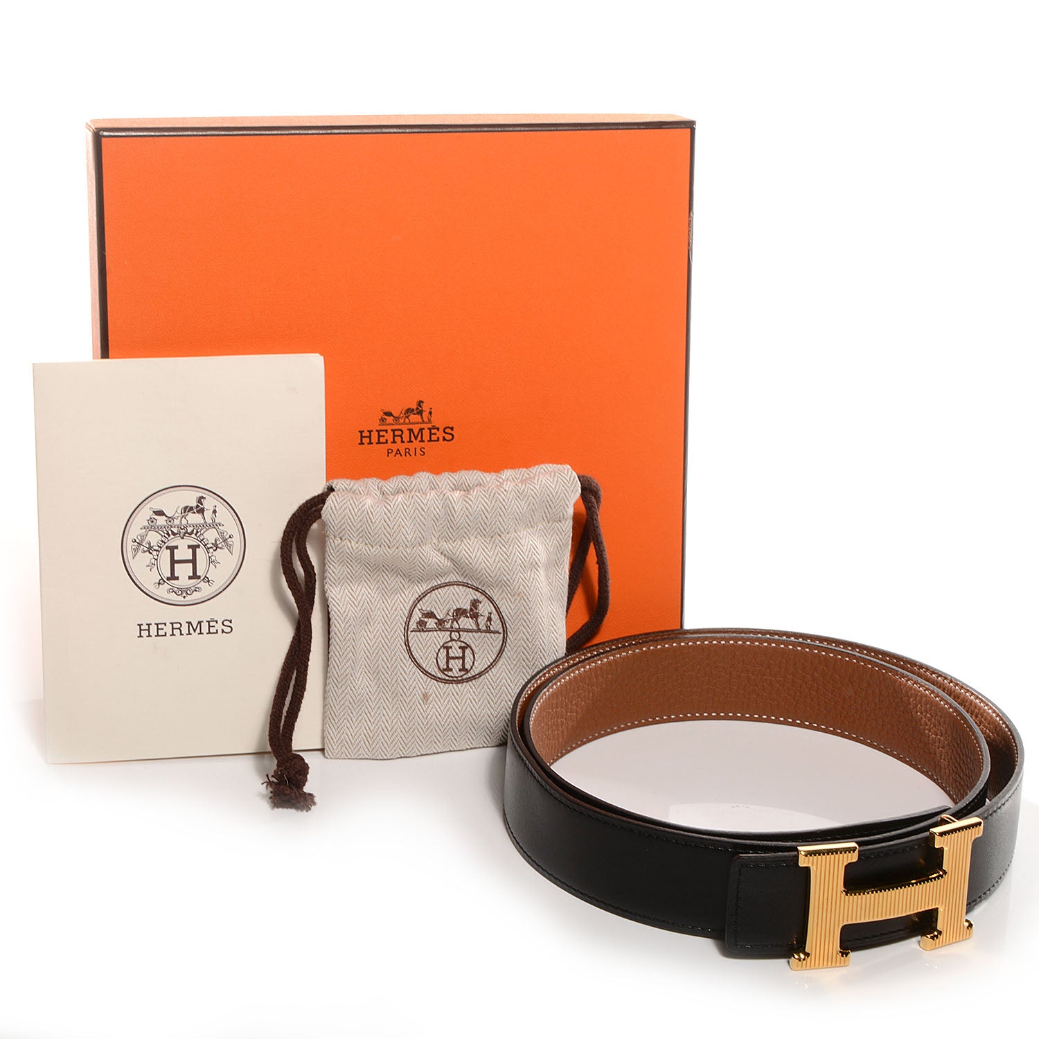 Hermes Box Togo Reversible Polished Calandre 32mm H Belt 90 Noir Gold 5 of 6