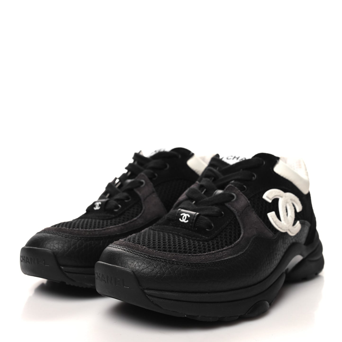 Mesh Suede Grained Calfskin Womens CC Sneakers 35 Black White