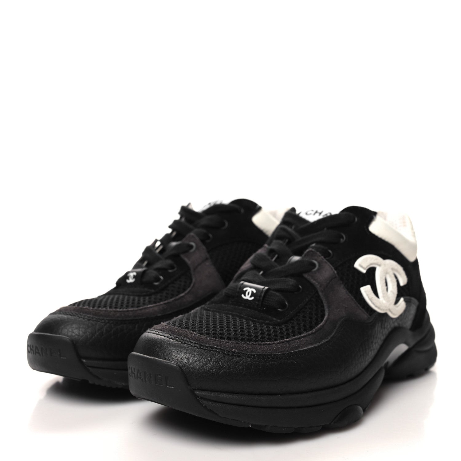 Chanel Mesh Suede Grained Calfskin Womens CC Sneakers 35 Black White 3 of 11