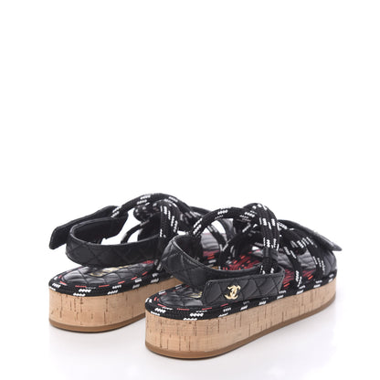 Chanel Cord Lambskin Quilted Logo Sandals 37 Black White 4 of 9