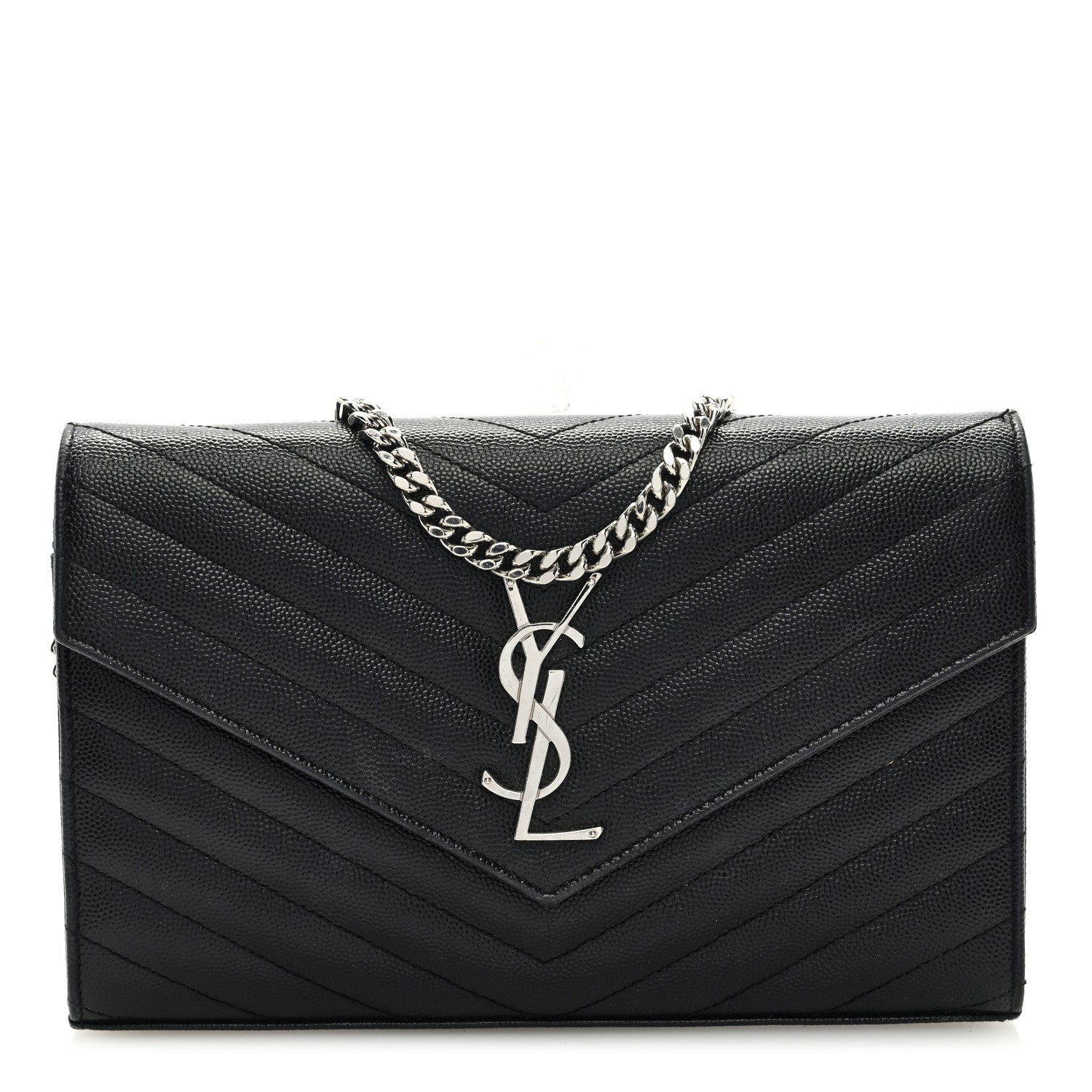 Saint Laurent Grain De Poudre Matelasse Chevron Monogram Chain Wallet Black 1 of 8