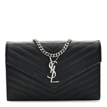 Saint Laurent Grain De Poudre Matelasse Chevron Monogram Chain Wallet Black 1 of 8