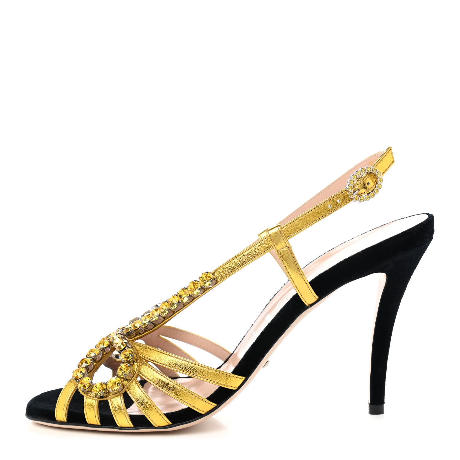 Gucci Velvet Nappa Crystal Zephyra Slingback High Heel Sandals 41 Black Gold 1 of 7