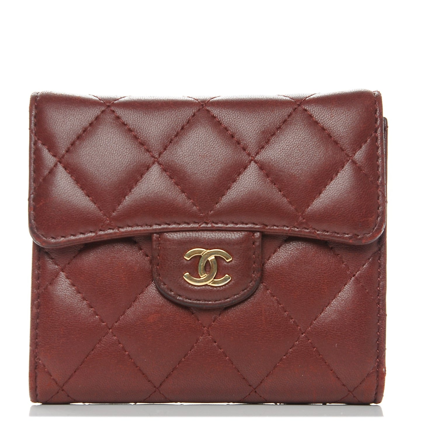 Lambskin Quilted Compact Flap Wallet Dark Red