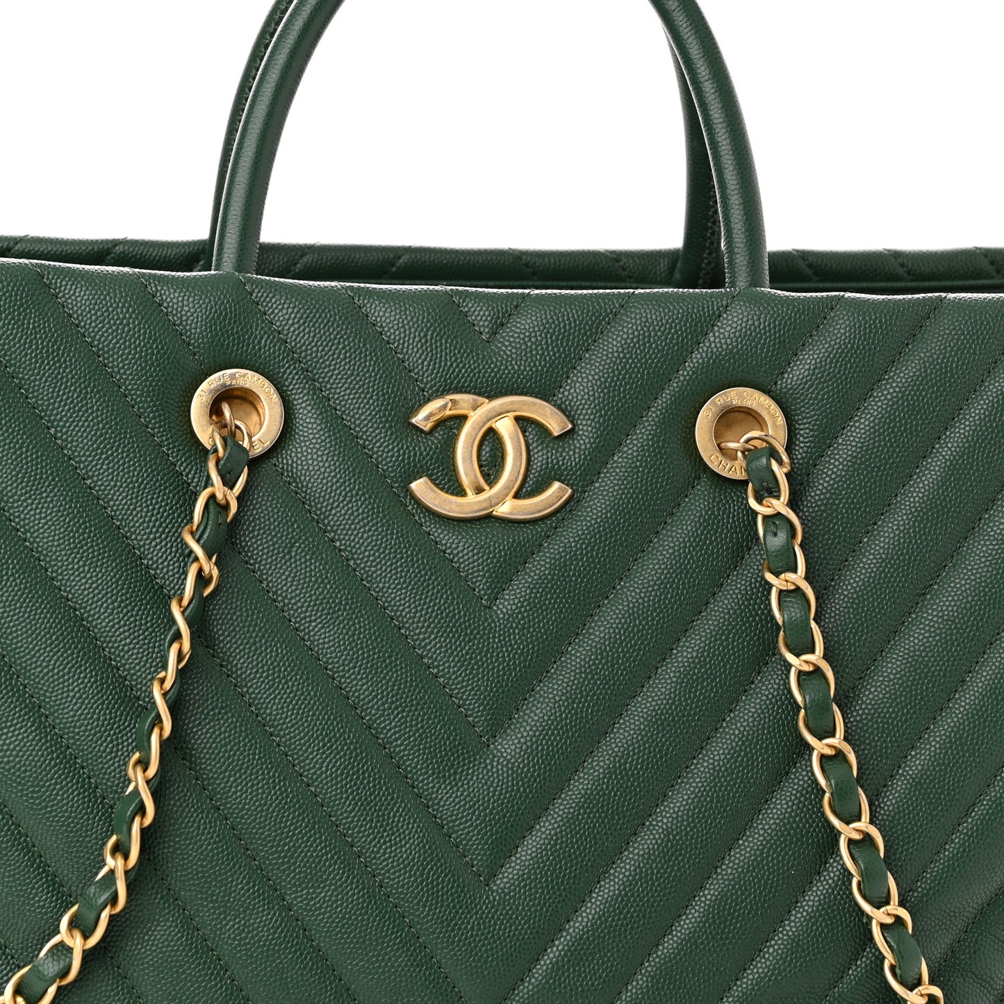 Caviar Chevron Quilted Large Coco Handle Shopping Tote Dark Green