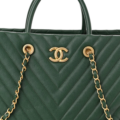 Chanel Caviar Chevron Quilted Large Coco Handle Shopping Tote Dark Green 8 of 10