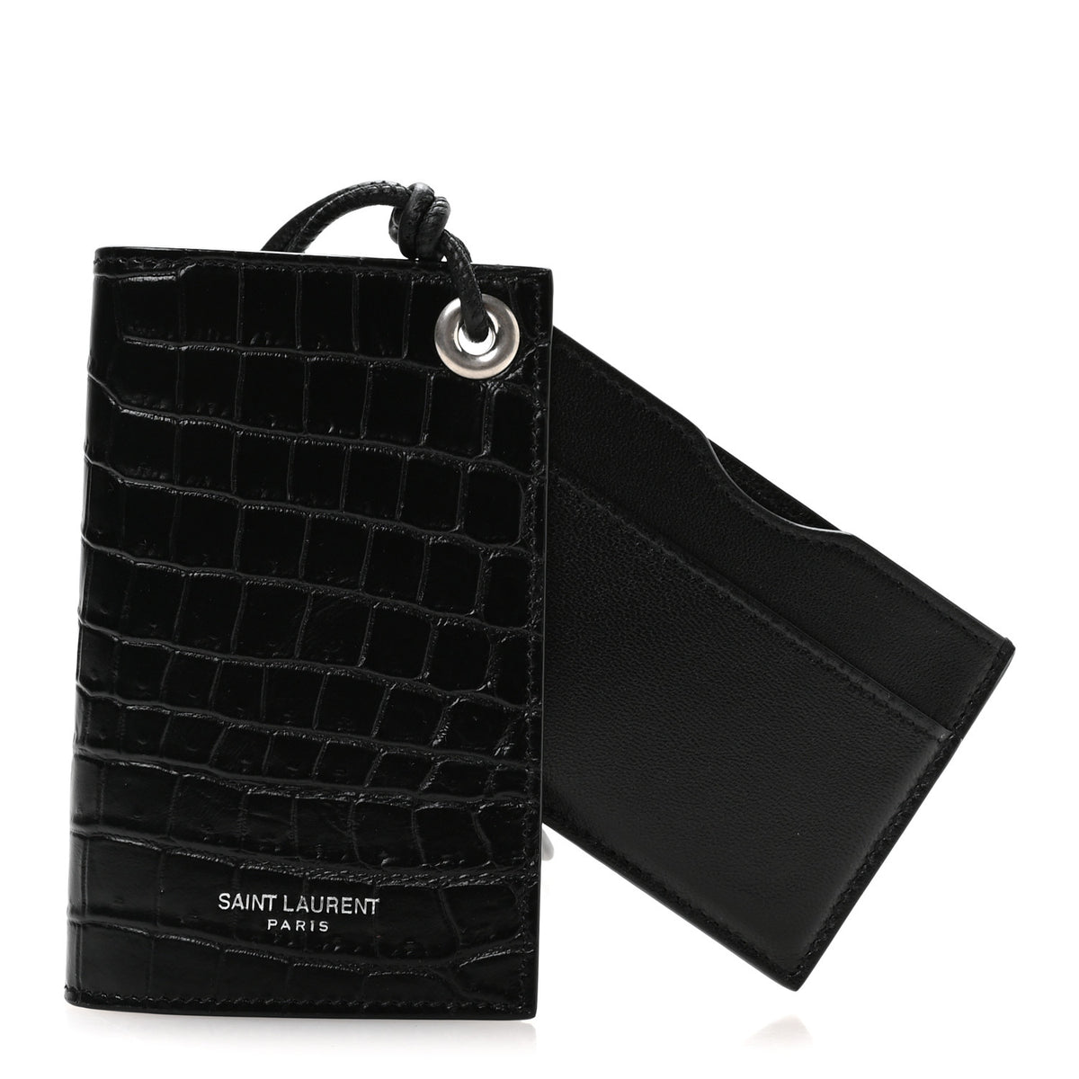 Crocodile Embossed Grained Calfskin Lanyard Card Case Black