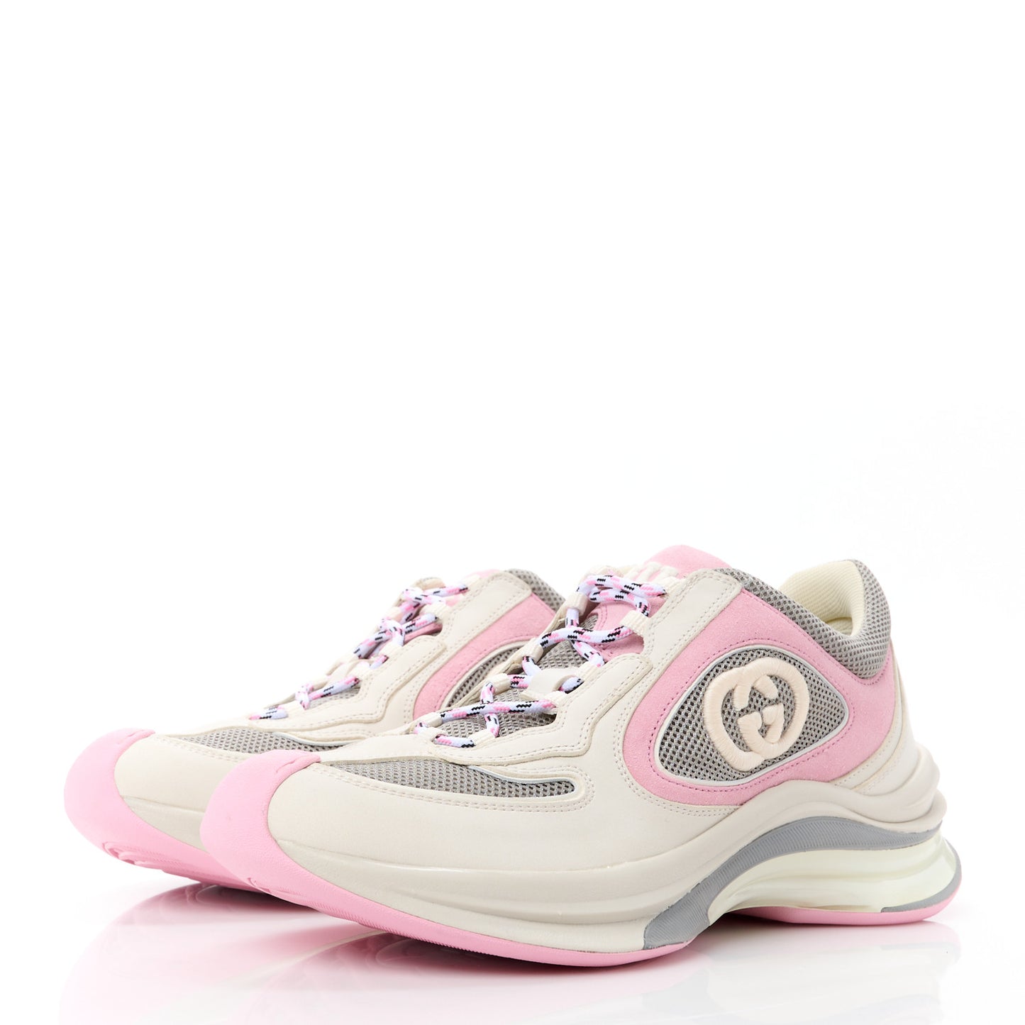 Technical Knit Fabric Suede Calfskin Womens Gucci Run Sneakers 38 Off White Pink Grey