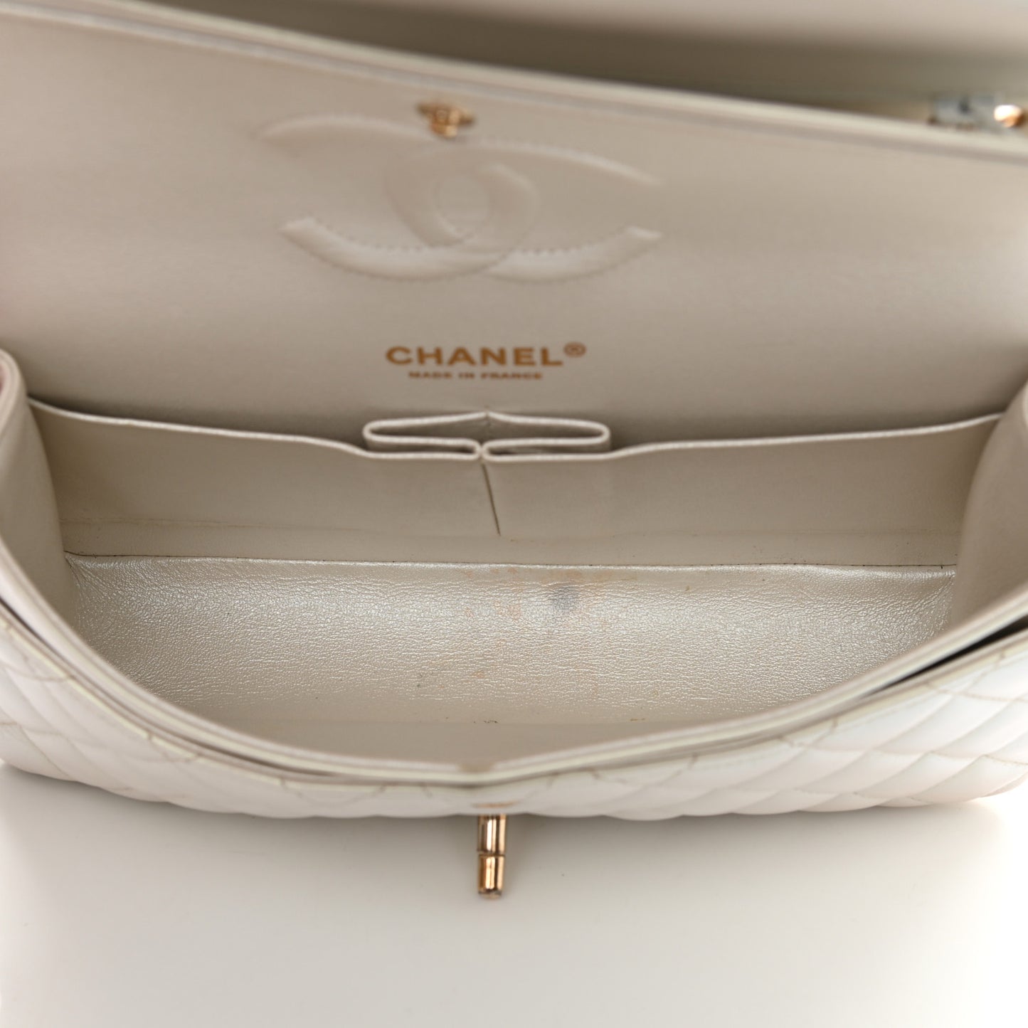 Iridescent Calfskin Quilted Medium Double Flap White