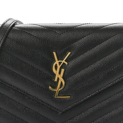 Saint Laurent Grain De Poudre Matelasse Chevron Monogram Envelope Chain Wallet Black 7 of 9