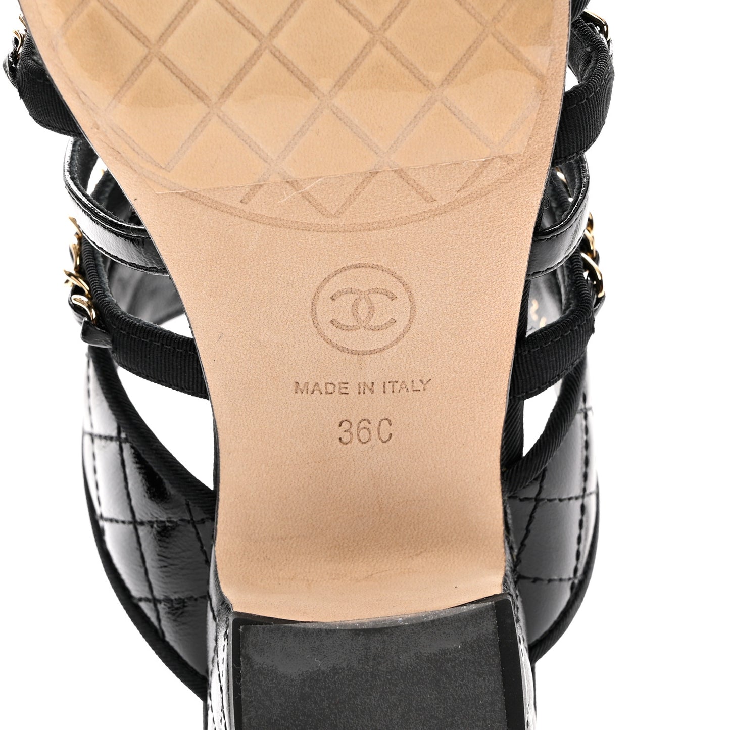 Distressed Patent Quilted Chain Mule Sandals 36 Black