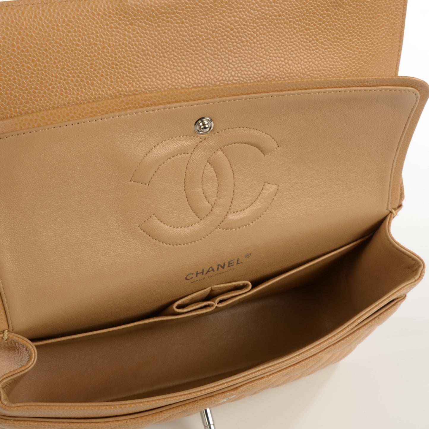 Caviar Quilted Medium Double Flap Beige