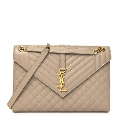 Saint Laurent Grain De Poudre Mixed Matelasse Large Triquilt Monogram Satchel Dark Beige 1 of 9